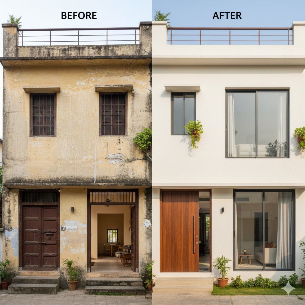 Before and after exterior building renovation in Chennai by BuildRepairExperts