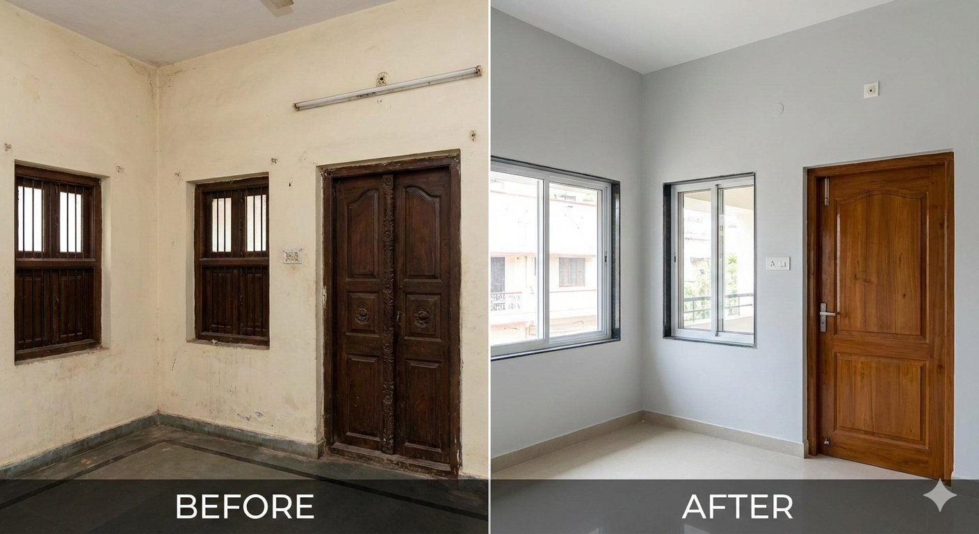 Before and after interior renovation showing modern upgrade in Chennai